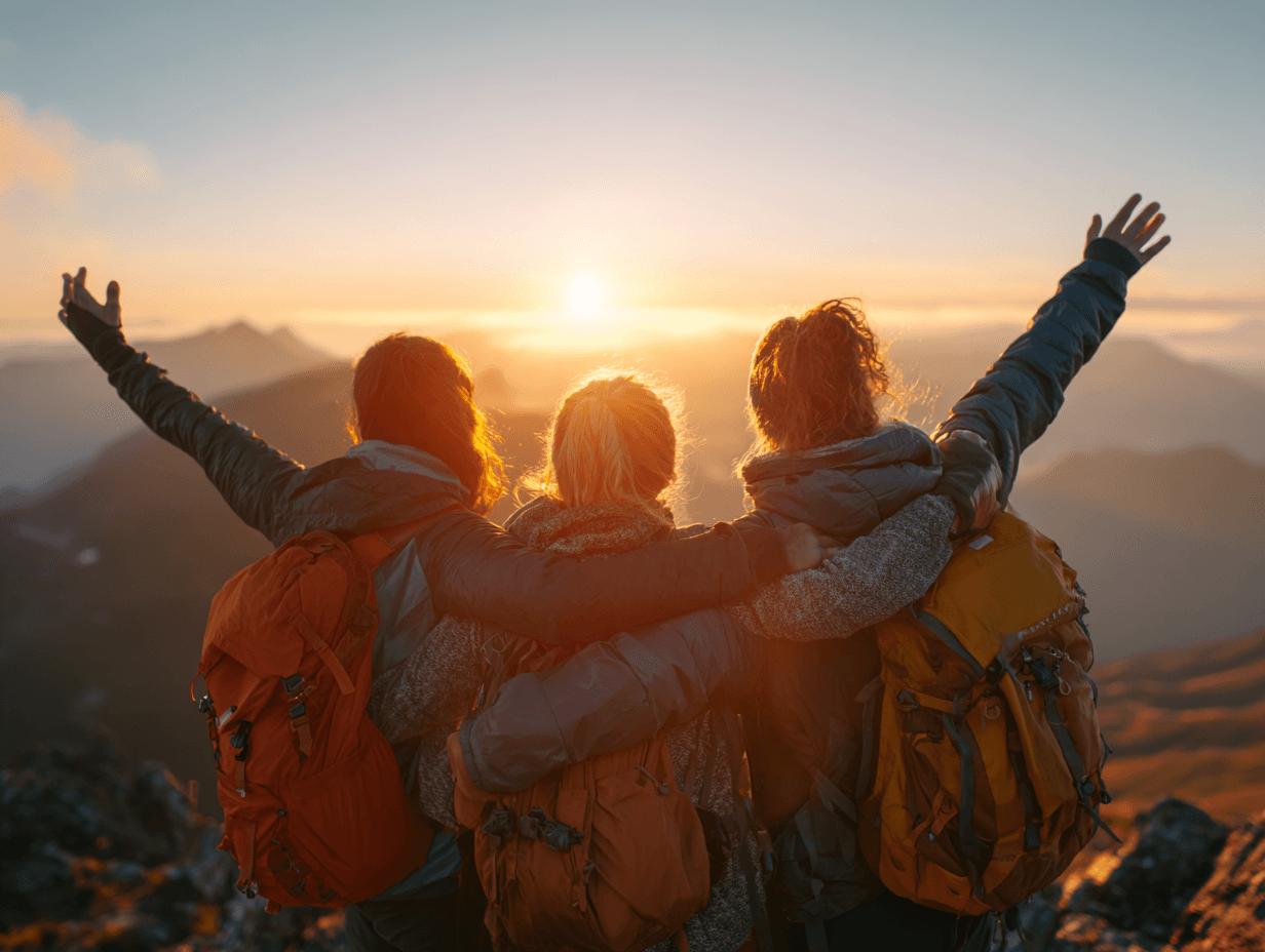 Groupe d'alpinistes heureux après l'activité